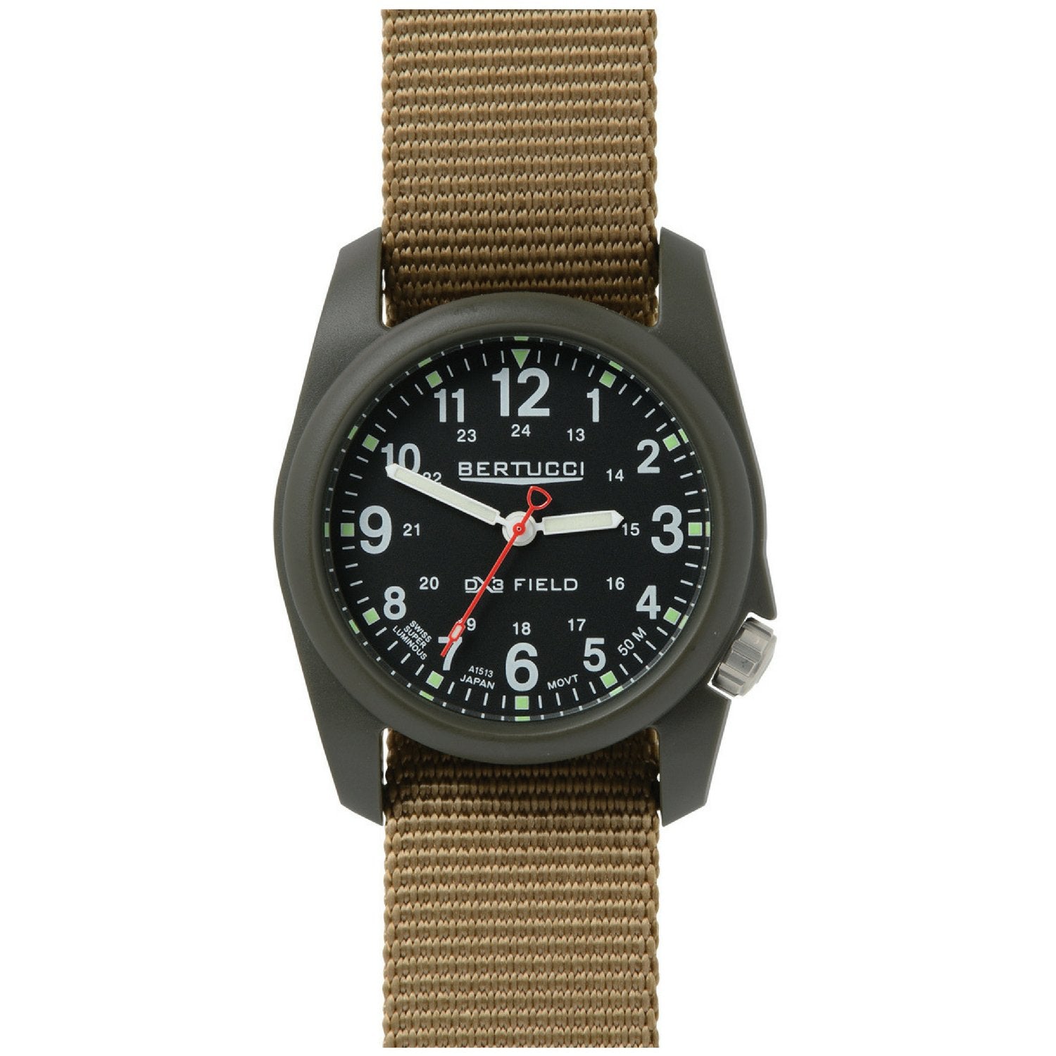 Bertucci DX3 Olive Resin Watch, Coyote Nylon Strap, Black Dial - 11027