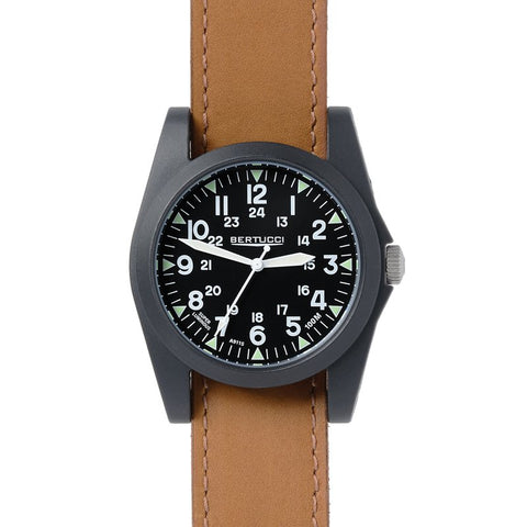 Bertucci A-3P Sportsman Vintage Field Watch - Black Dial Tan Leather Band 13363