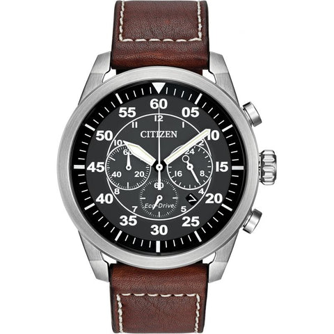 Citizen Avion Eco-drive Watch with Black Dial and Brown Leather Strap - CA4210-24E
